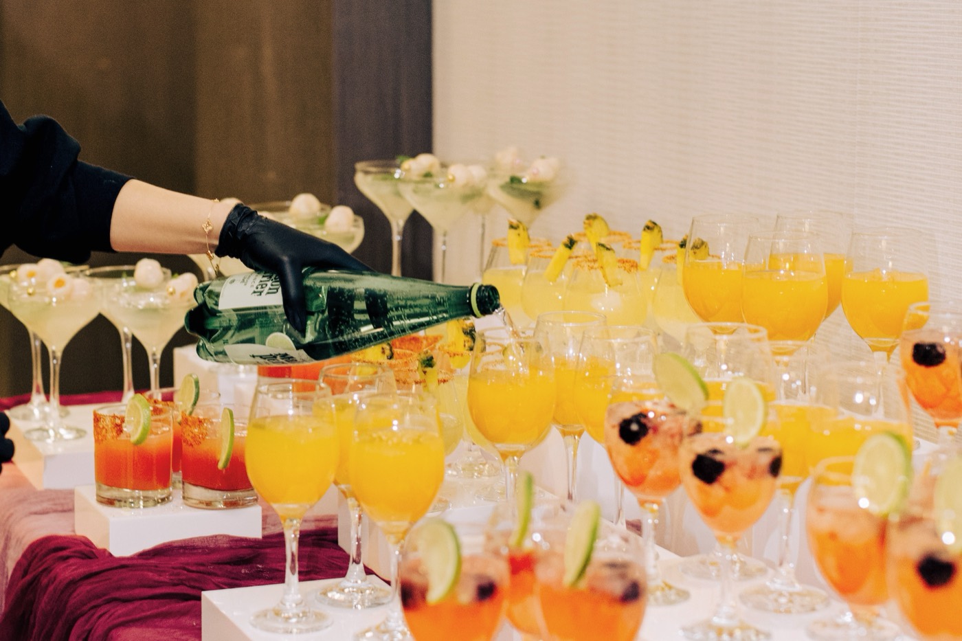 A vibrant lineup of Club Citrine handcrafted mocktails ready to serve